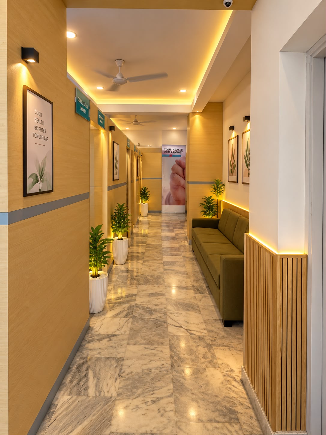 Hospital corridor with consultation rooms and seating