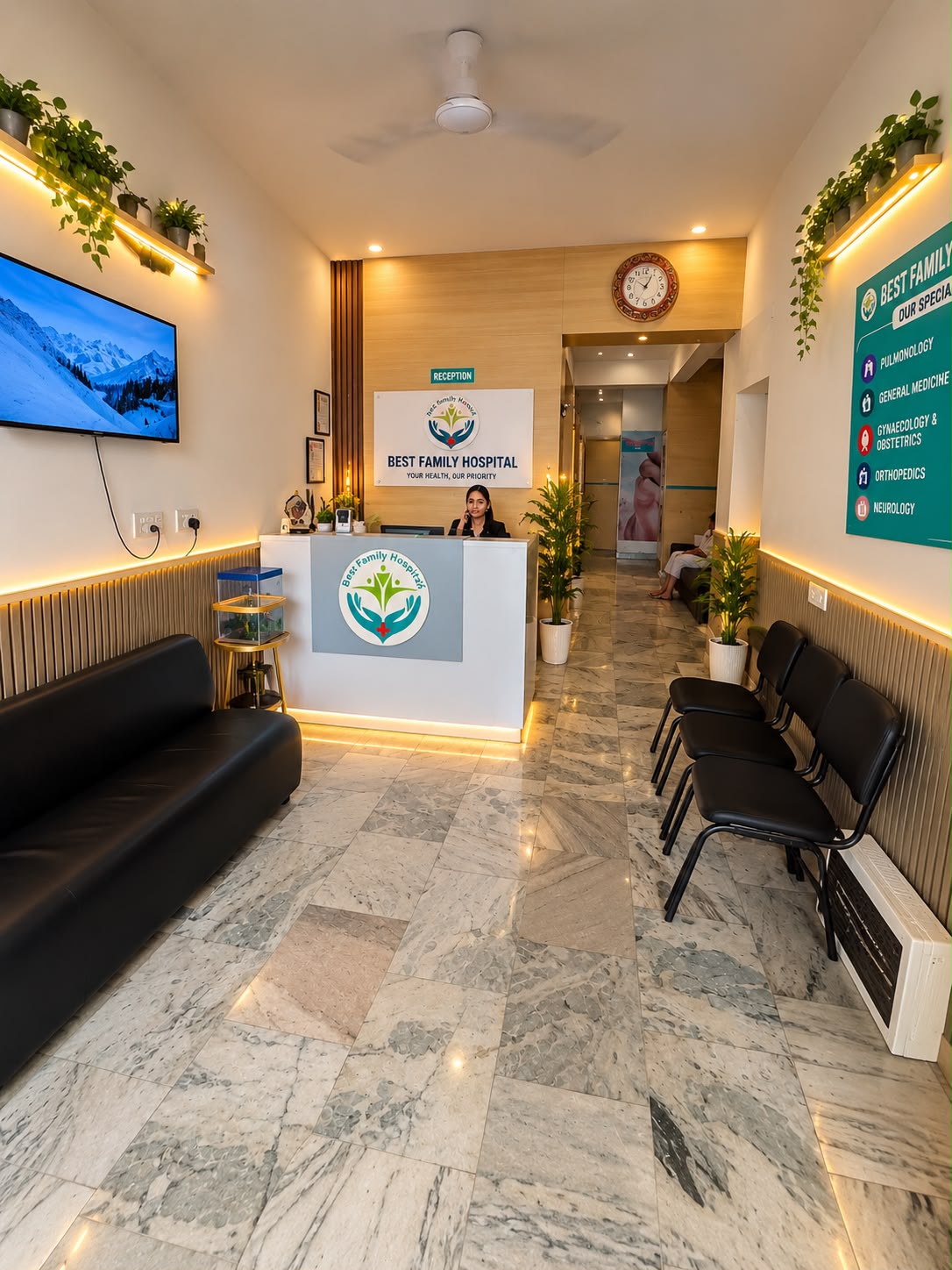 Reception and waiting area at Best Family Hospital