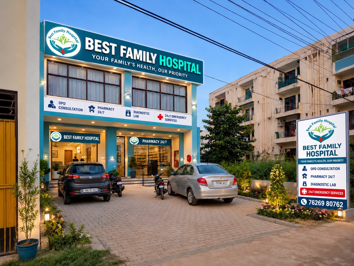 Best Family Hospital building front with signboard and 24/7 pharmacy